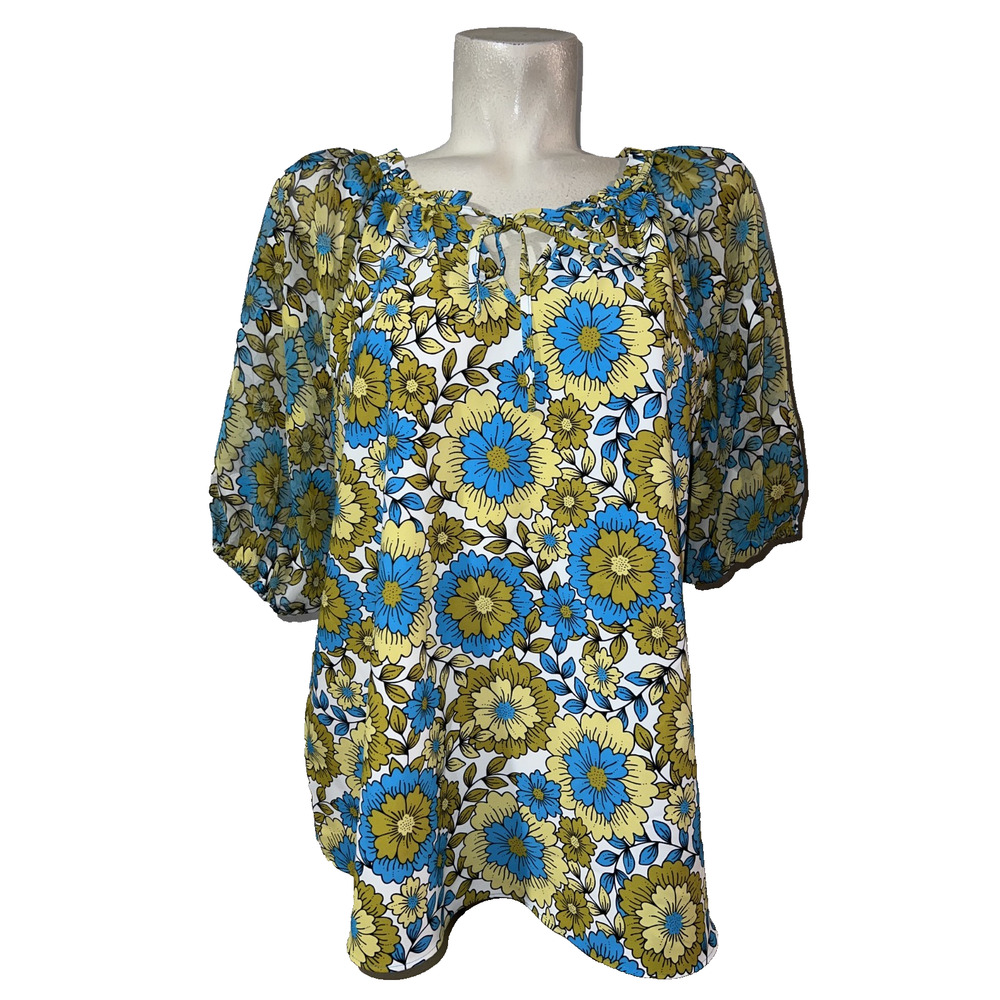 New Cato Top Women's‎ Size 14/16W Blue Green Sheer Short Sleeve Floral Blouse